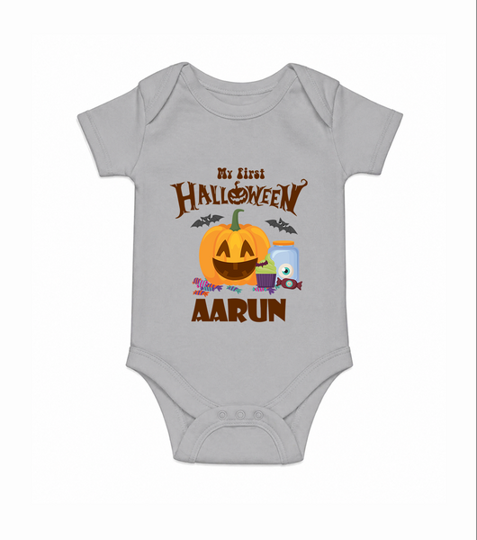 My First Halloween Pumpkin Treat Print Baby Romper   - GREY - New Born (Chest 14")