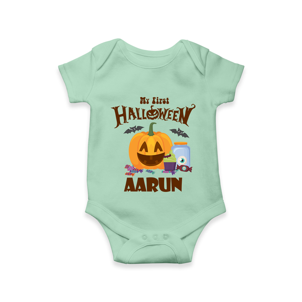 My First Halloween Pumpkin Treat Print Baby Romper   - MINT GREEN - New Born (Chest 14")