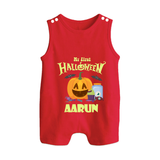 My First Halloween Pumpkin Treat Print Baby Button Romper  - RED - New Born (Chest 18")