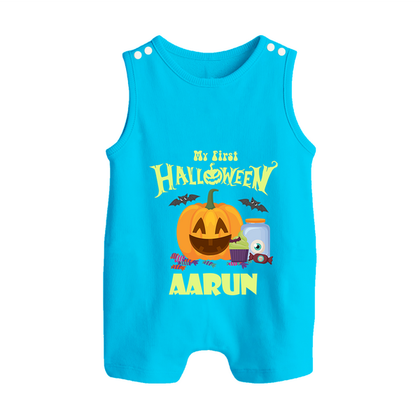My First Halloween Pumpkin Treat Print Baby Button Romper  - SKY BLUE - New Born (Chest 18")