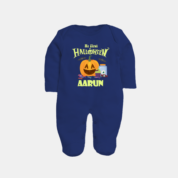 My First Halloween Pumpkin Treat Print Baby Full Body Suit  - NAVY BLUE - New Born (Chest 7.5")