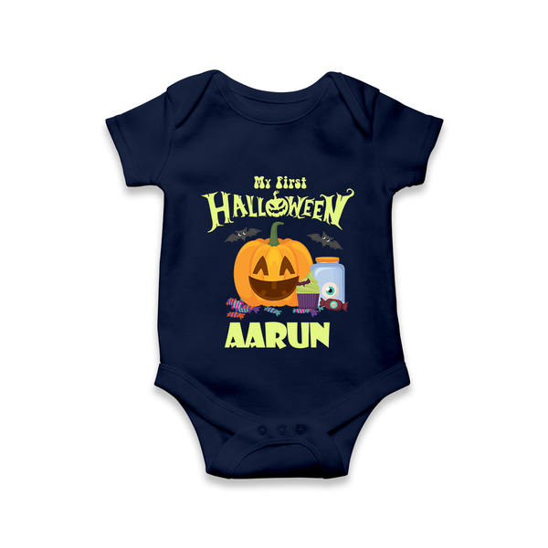 My First Halloween Pumpkin Treat Print Baby Romper   - NAVY BLUE - New Born (Chest 14")