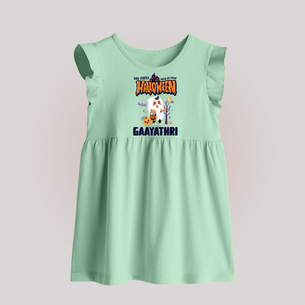 My First Halloween Trick Or Treat Print Baby Baby Frock  - MINT GREEN - 0 - 3 Months Old (Chest 17")