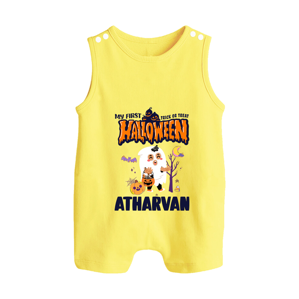 My First Halloween Trick Or Treat Print Baby Button Romper  - PASTEL YELLOW - New Born (Chest 18")