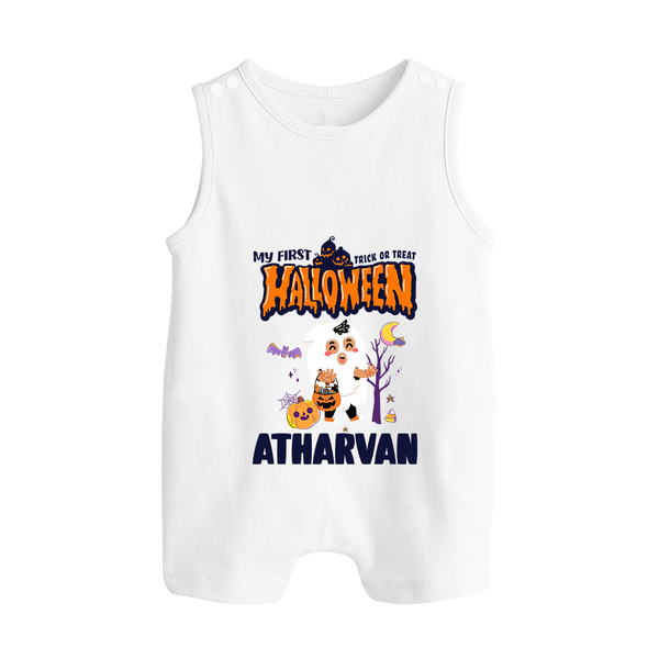 My First Halloween Trick Or Treat Print Baby Button Romper  - WHITE - New Born (Chest 18")
