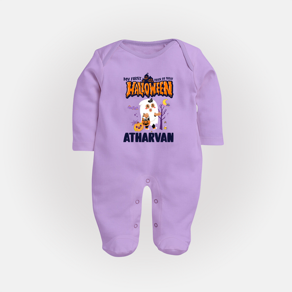 My First Halloween Trick Or Treat Print Baby Full Body Suit  - LILAC - New Born (Chest 7.5")