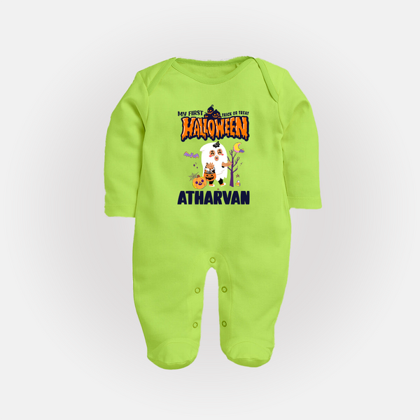 My First Halloween Trick Or Treat Print Baby Full Body Suit  - LIME GREEN - New Born (Chest 7.5")