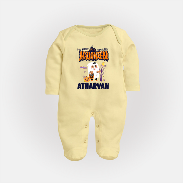 My First Halloween Trick Or Treat Print Baby Full Body Suit  - PASTEL YELLOW - New Born (Chest 7.5")