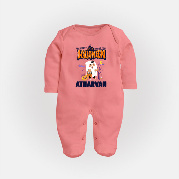 My First Halloween Trick Or Treat Print Baby Full Body Suit  - PEACH - New Born (Chest 7.5")