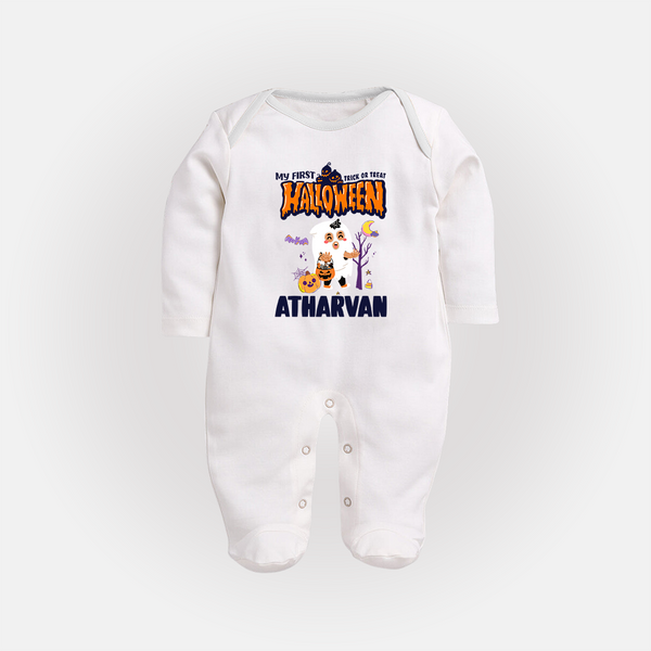 My First Halloween Trick Or Treat Print Baby Full Body Suit  - WHITE - New Born (Chest 7.5")