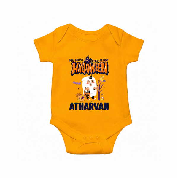My First Halloween Trick Or Treat Print Baby Romper   - CHROME YELLOW - New Born (Chest 14")