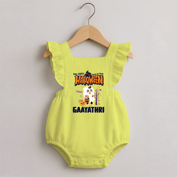 My First Halloween Trick Or Treat Print Baby Romper Frock  - PASTEL YELLOW - 0 - 3 Months Old (Chest 19")