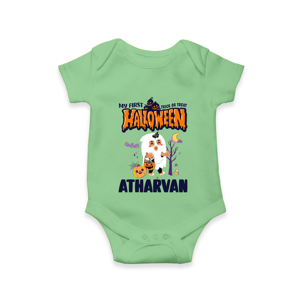 My First Halloween Trick Or Treat Print Baby Romper   - GREEN - New Born (Chest 14")