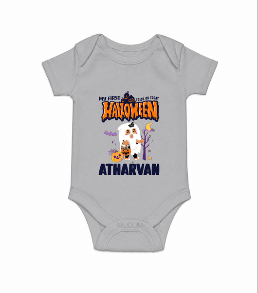 My First Halloween Trick Or Treat Print Baby Romper   - GREY - New Born (Chest 14")