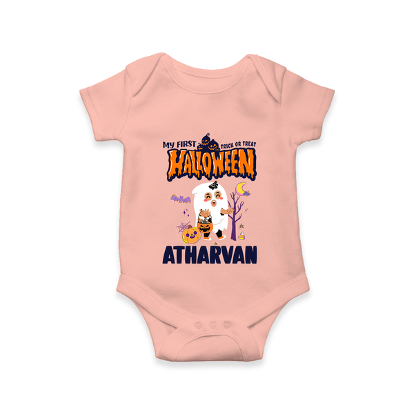 My First Halloween Trick Or Treat Print Baby Romper   - PEACH - New Born (Chest 14")