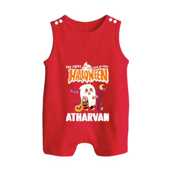 My First Halloween Trick Or Treat Print Baby Button Romper  - RED - New Born (Chest 18")