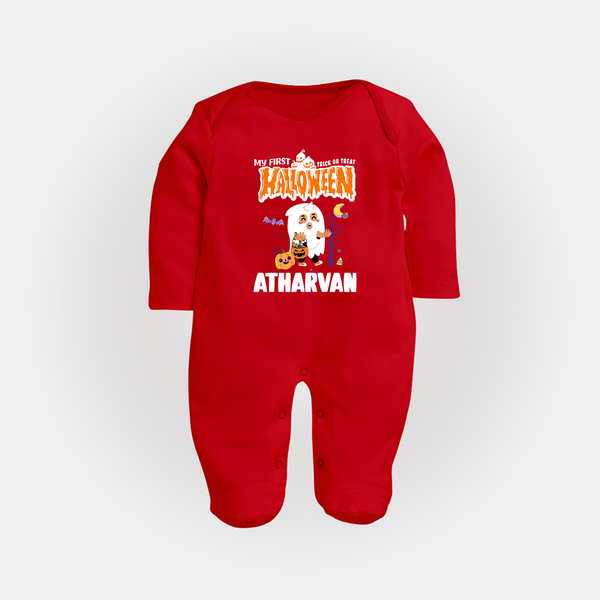 My First Halloween Trick Or Treat Print Baby Full Body Suit  - RED - New Born (Chest 7.5")