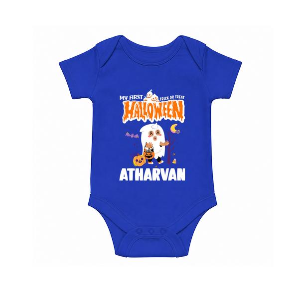 My First Halloween Trick Or Treat Print Baby Romper   - COBALT BLUE - New Born (Chest 14")