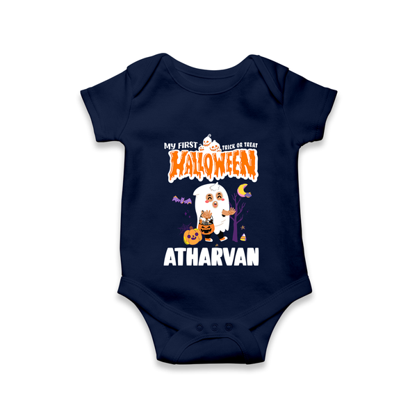 My First Halloween Trick Or Treat Print Baby Romper   - NAVY BLUE - New Born (Chest 14")