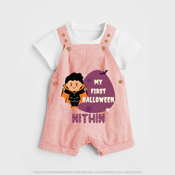 My First Little Bat Buddy Dungaree Set | Custom Baby Dungaree Set for Spooky Fun - PEACH - 0 - 5 Months Old (Chest 18")