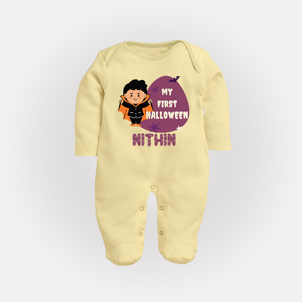 My First Little Bat Buddy Sleep Suit | Custom Baby Sleep Suit for Spooky Fun - PASTEL YELLOW - New Born (Chest 7.5")