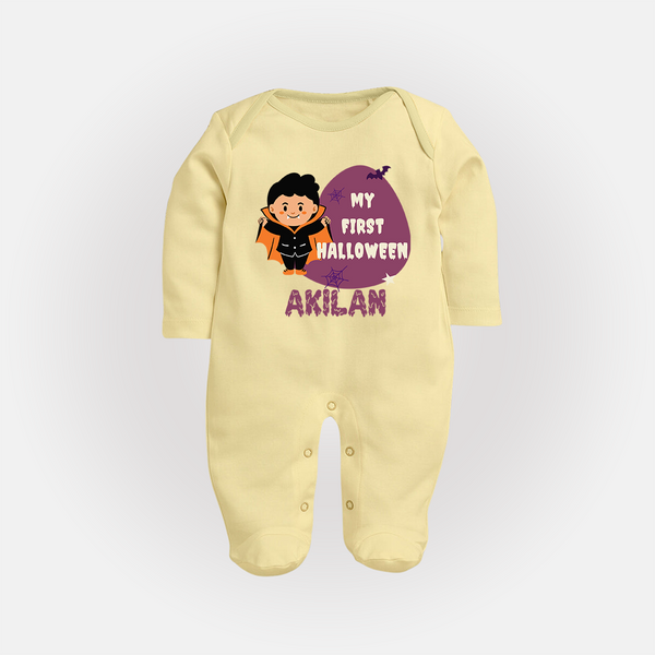 My First Halloween Boy Vampire Print Baby Full Body Suit - PASTEL YELLOW - New Born (Chest 7.5")
