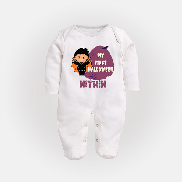 My First Little Bat Buddy Sleep Suit | Custom Baby Sleep Suit for Spooky Fun - WHITE - New Born (Chest 7.5")