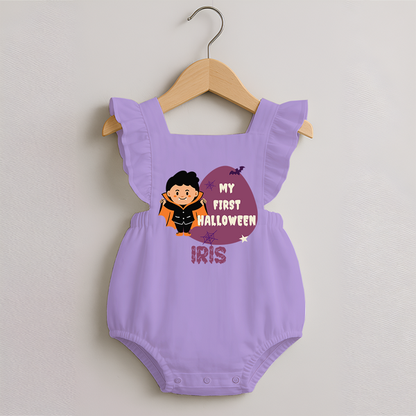 My First Little Bat Buddy Romper Frock | Custom Baby Romper Frock for Spooky Fun - LILAC - 0 - 3 Months Old (Chest 19")