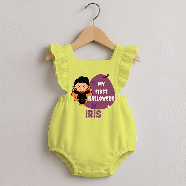 My First Little Bat Buddy Romper Frock | Custom Baby Romper Frock for Spooky Fun - PASTEL YELLOW - 0 - 3 Months Old (Chest 19")
