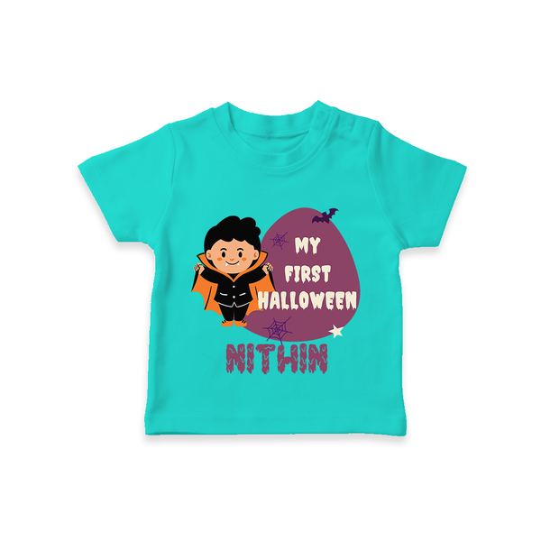 My First Little Bat Buddy Tshirt | Custom Baby Tshirt for Spooky Fun - TEAL - 0-5 Months Old (Chest 17")