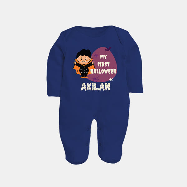 My First Halloween Boy Vampire Print Baby Full Body Suit - NAVY BLUE - New Born (Chest 7.5")