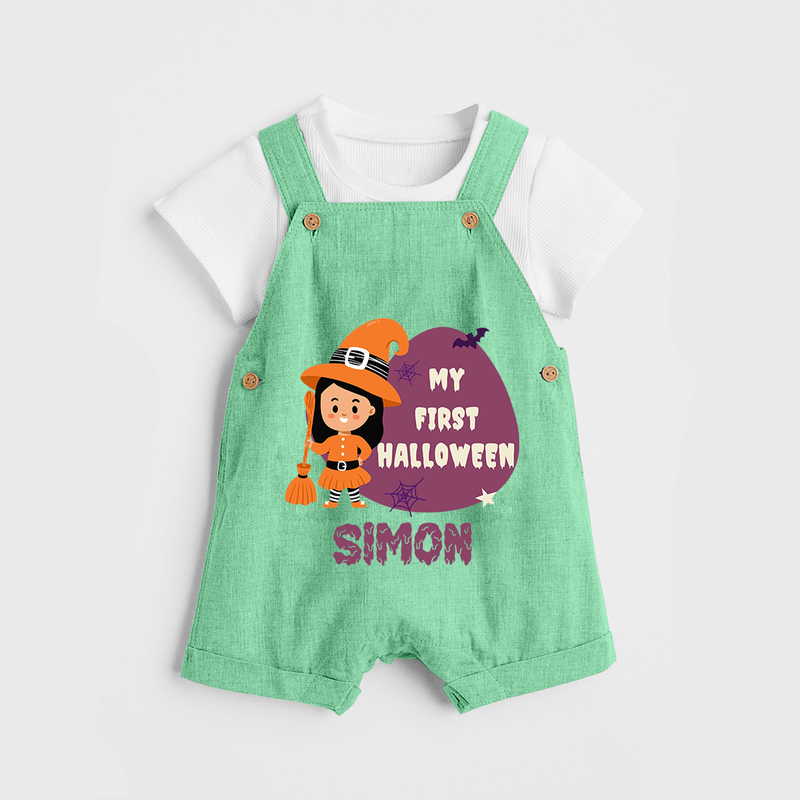 My First Bite-Sized Vampire Dungaree Set | Personalized Baby Dungaree Set for Halloween - GREEN - 0 - 5 Months Old (Chest 18")