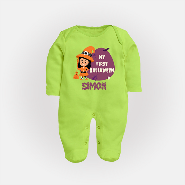 My First Bite-Sized Vampire Sleep Suit | Personalized Baby Sleep Suit for Halloween - LIME GREEN - New Born (Chest 7.5")