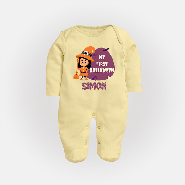 My First Bite-Sized Vampire Sleep Suit | Personalized Baby Sleep Suit for Halloween - PASTEL YELLOW - New Born (Chest 7.5")