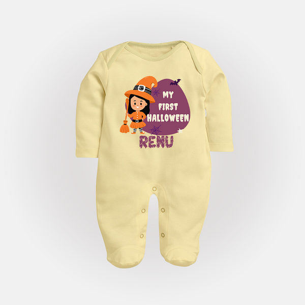 My First Halloween Girl Vampire Print Baby Full Body Suit - PASTEL YELLOW - New Born (Chest 7.5")