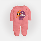 My First Halloween Girl Vampire Print Baby Full Body Suit - PEACH - New Born (Chest 7.5")