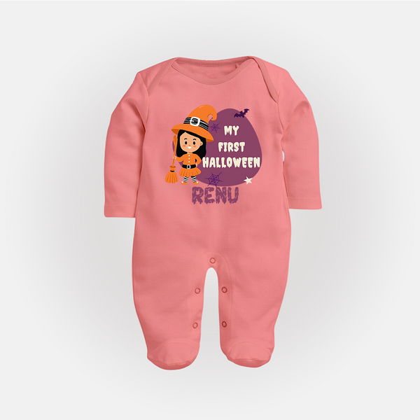 My First Halloween Girl Vampire Print Baby Full Body Suit - PEACH - New Born (Chest 7.5")