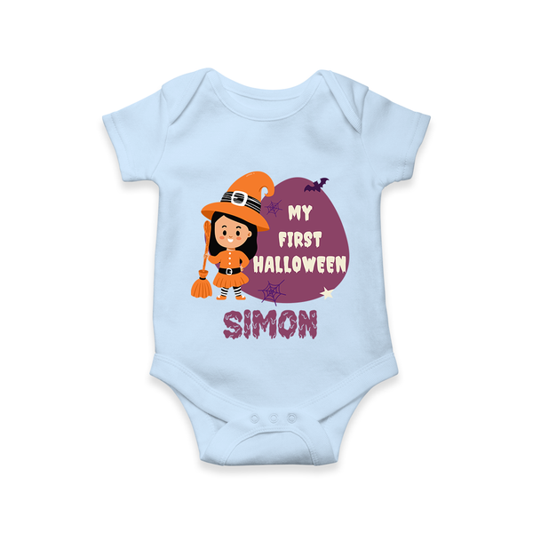 My First Bite-Sized Vampire Romper | Personalized Baby Romper for Halloween - BABY BLUE - New Born (Chest 14")