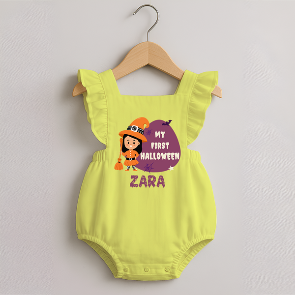 My First Bite-Sized Vampire Romper Frock | Personalized Baby Romper Frock for Halloween - PASTEL YELLOW - 0 - 3 Months Old (Chest 19")