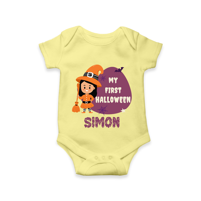 My First Bite-Sized Vampire Romper | Personalized Baby Romper for Halloween - PASTEL YELLOW - New Born (Chest 14")