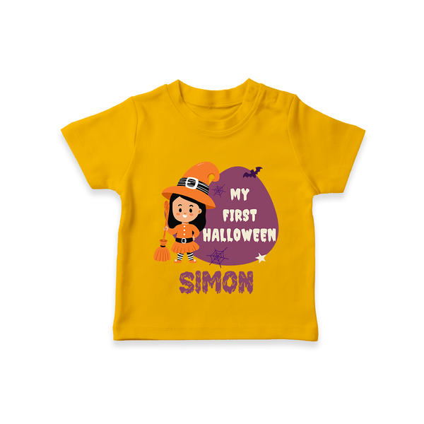 My First Bite-Sized Vampire Tshirt | Personalized Baby Tshirt for Halloween - CHROME YELLOW - 0-5 Months Old (Chest 17")
