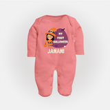 My First Bite-Sized Vampire Sleep Suit | Personalized Baby Sleep Suit for Halloween - PEACH - New Born (Chest 7.5")