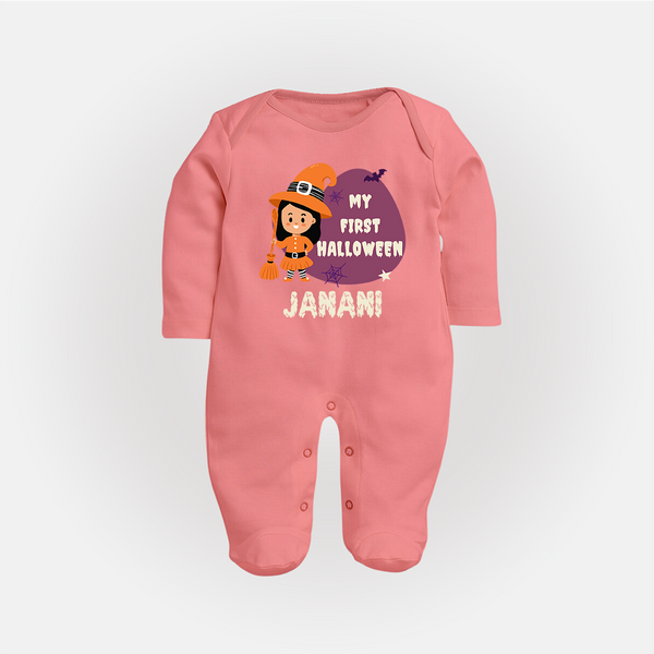 My First Bite-Sized Vampire Sleep Suit | Personalized Baby Sleep Suit for Halloween - PEACH - New Born (Chest 7.5")