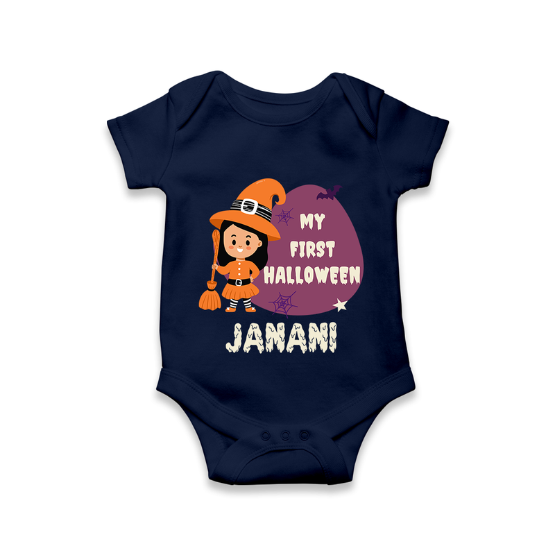 My First Bite-Sized Vampire Romper | Personalized Baby Romper for Halloween - NAVY BLUE - New Born (Chest 14")