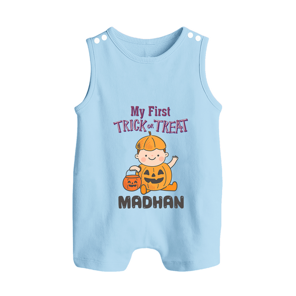 My First Trick Or Treat Pumpkin Print Baby Button Romper  - BABY BLUE - New Born (Chest 18")