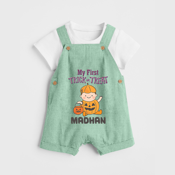 My First Trick Or Treat Pumpkin Print Baby Dungaree  - MINT GREEN - 0 - 5 Months Old (Chest 18")