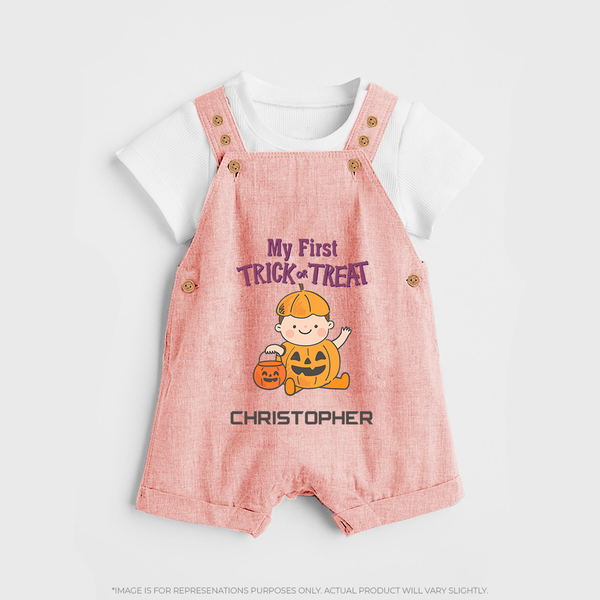 My First Mini Pumpkin Dungaree Set | Personalized Baby Dungaree Set for Halloween Celebration - PEACH - 0 - 5 Months Old (Chest 18")