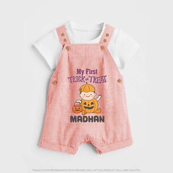 My First Trick Or Treat Pumpkin Print Baby Dungaree  - PEACH - 0 - 5 Months Old (Chest 18")