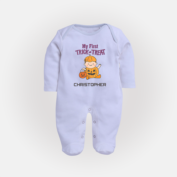 My First Mini Pumpkin Sleep Suit | Personalized Baby Sleep Suit for Halloween Celebration - BABY BLUE - New Born (Chest 7.5")