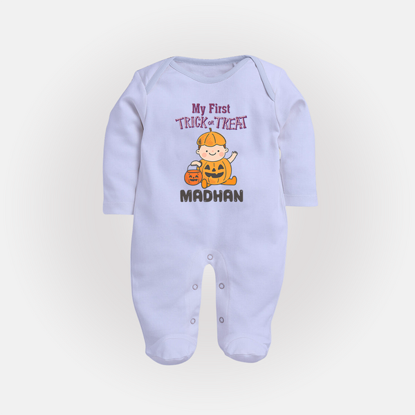 My First Trick Or Treat Pumpkin Print Baby Full Body Suit  - BABY BLUE - New Born (Chest 7.5")